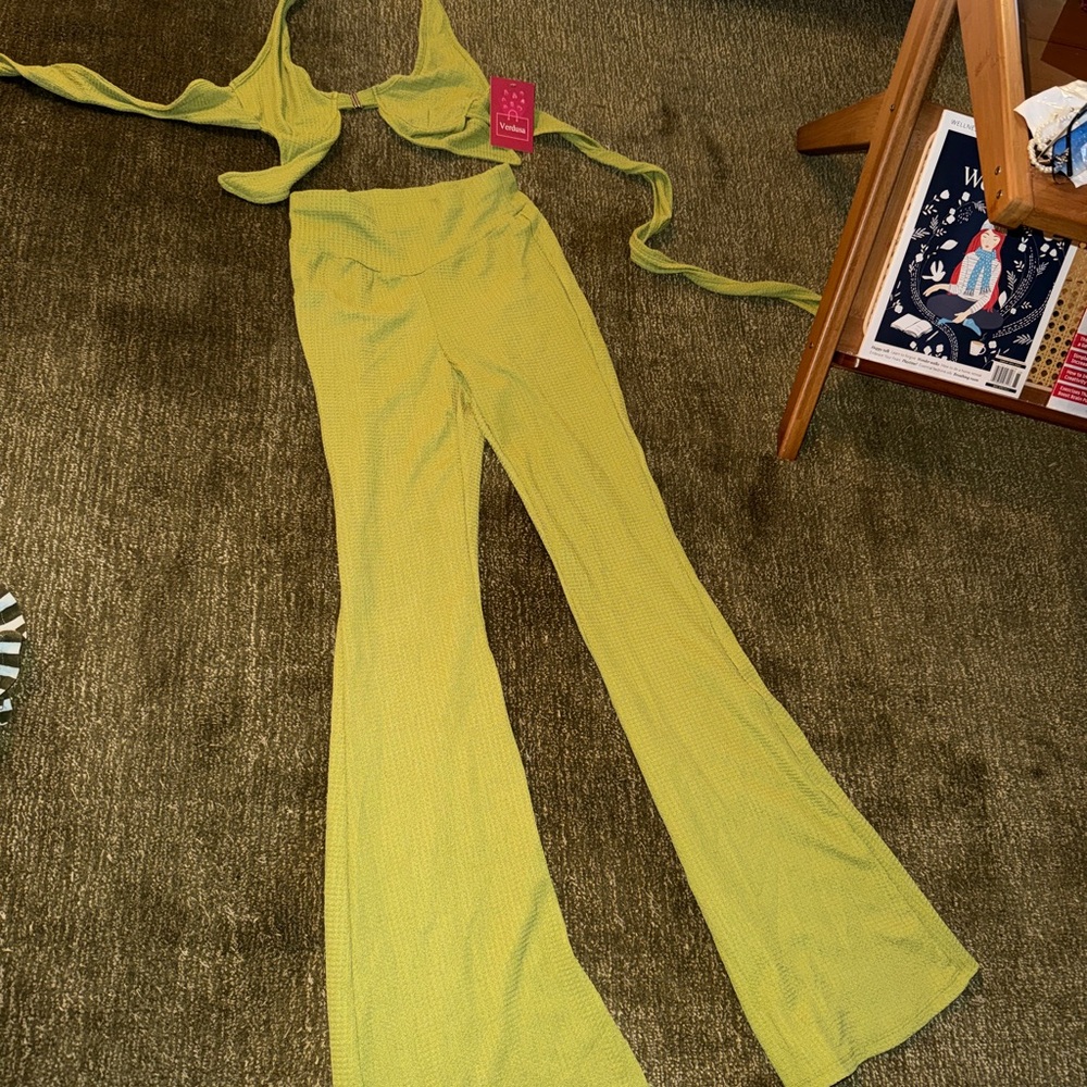 Lime Green Ribbed Flare Pants - Women's